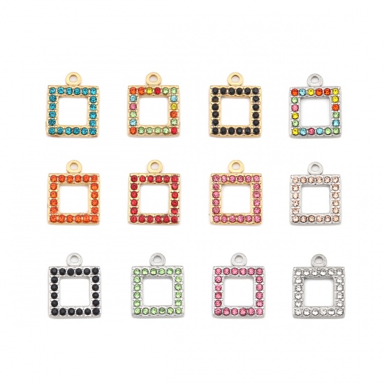 Picture of 304 Stainless Steel Charms Square Gold Plated Pink Rhinestone 16mm x 13mm, 2 PCs