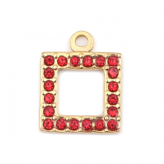 Picture of 304 Stainless Steel Charms Square Gold Plated Red Rhinestone 16mm x 13mm, 2 PCs