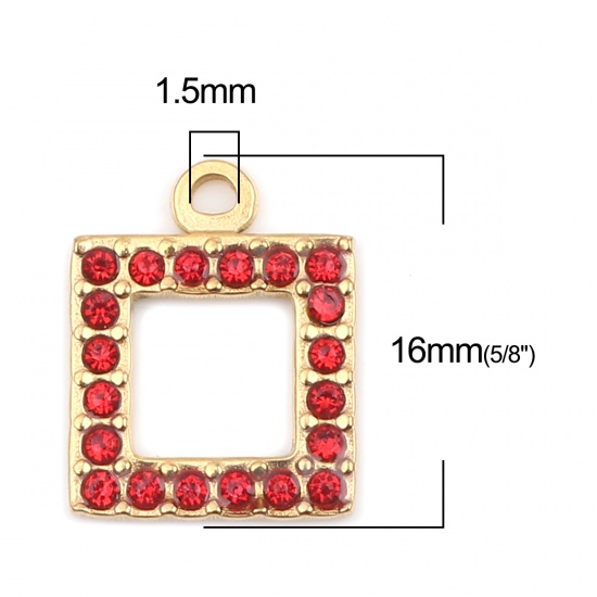 Picture of 304 Stainless Steel Charms Square Gold Plated Red Rhinestone 16mm x 13mm, 2 PCs