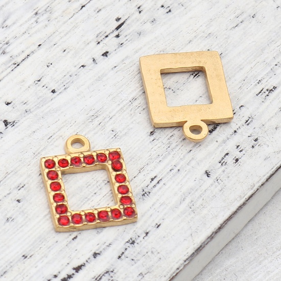 Picture of 304 Stainless Steel Charms Square Gold Plated Red Rhinestone 16mm x 13mm, 2 PCs