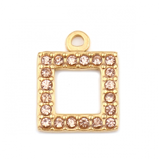 Picture of 304 Stainless Steel Charms Square Gold Plated Light Orange Rhinestone 16mm x 13mm, 2 PCs