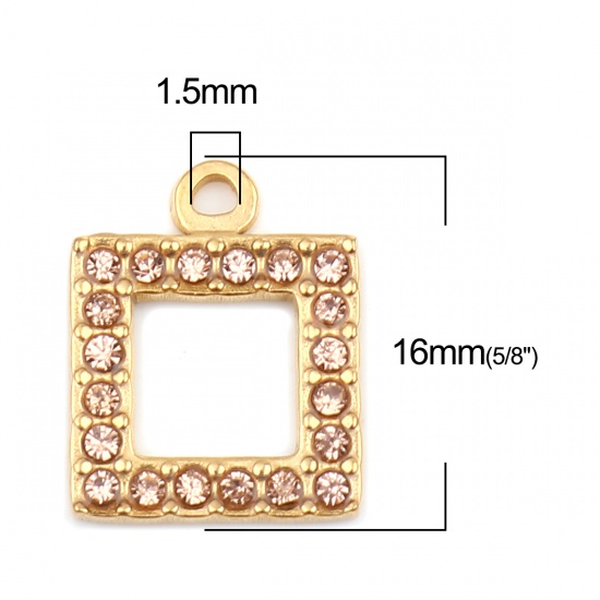 Picture of 304 Stainless Steel Charms Square Gold Plated Light Orange Rhinestone 16mm x 13mm, 2 PCs