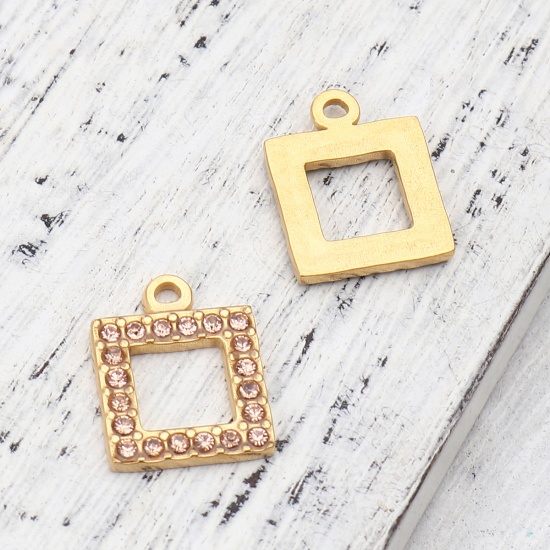 Picture of 304 Stainless Steel Charms Square Gold Plated Light Orange Rhinestone 16mm x 13mm, 2 PCs