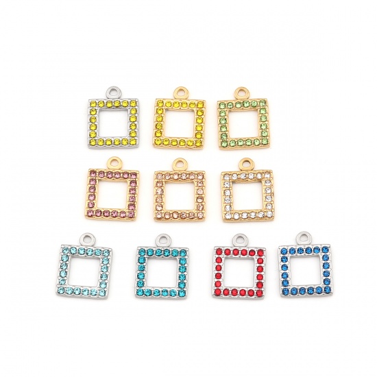 Picture of 304 Stainless Steel Charms Square Gold Plated Light Orange Rhinestone 16mm x 13mm, 2 PCs