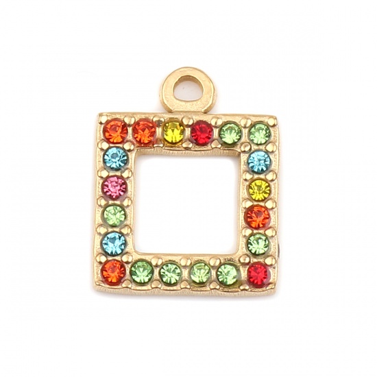 Picture of 304 Stainless Steel Charms Square Gold Plated Multicolor Rhinestone 16mm x 13mm, 2 PCs