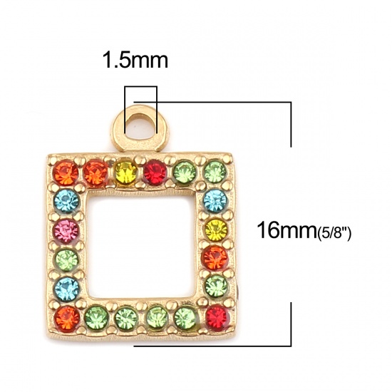 Picture of 304 Stainless Steel Charms Square Gold Plated Multicolor Rhinestone 16mm x 13mm, 2 PCs