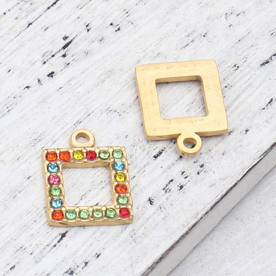 Picture of 304 Stainless Steel Charms Square Gold Plated Multicolor Rhinestone 16mm x 13mm, 2 PCs