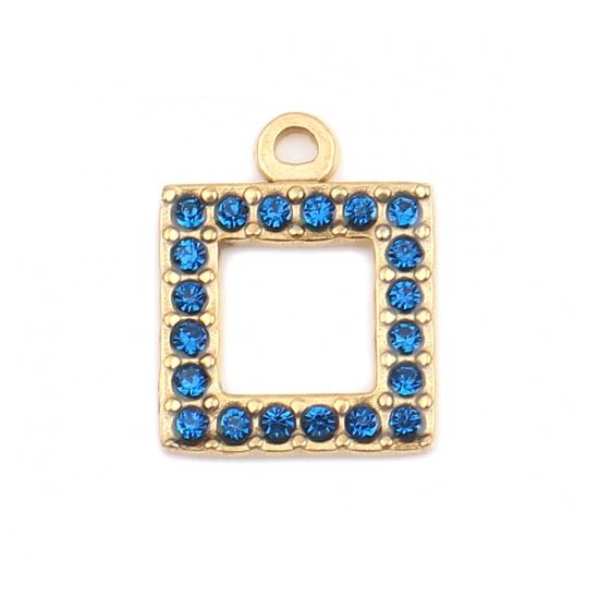 Picture of 304 Stainless Steel Charms Square Gold Plated Dark Blue Rhinestone 16mm x 13mm, 2 PCs