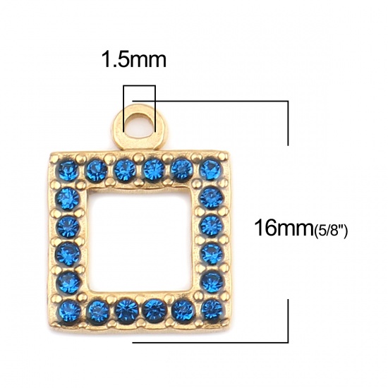 Picture of 304 Stainless Steel Charms Square Gold Plated Dark Blue Rhinestone 16mm x 13mm, 2 PCs