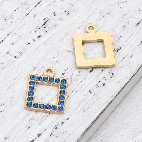 Picture of 304 Stainless Steel Charms Square Gold Plated Dark Blue Rhinestone 16mm x 13mm, 2 PCs