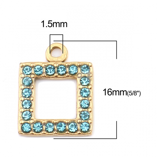 Picture of 304 Stainless Steel Charms Square Gold Plated Light Blue Rhinestone 16mm x 13mm, 2 PCs