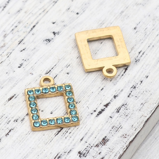 Picture of 304 Stainless Steel Charms Square Gold Plated Light Blue Rhinestone 16mm x 13mm, 2 PCs