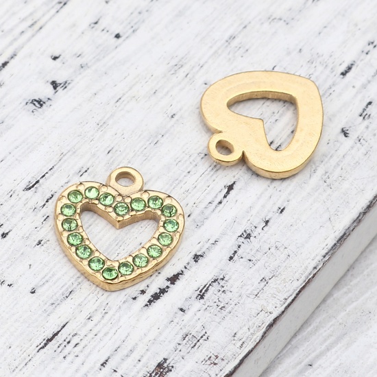Picture of 304 Stainless Steel Charms Heart Gold Plated Green Rhinestone 15mm x 14mm, 2 PCs