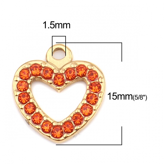 Picture of 304 Stainless Steel Charms Heart Gold Plated Orange-red Rhinestone 15mm x 14mm, 2 PCs
