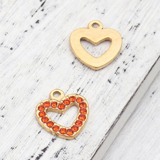 Picture of 304 Stainless Steel Charms Heart Gold Plated Orange-red Rhinestone 15mm x 14mm, 2 PCs