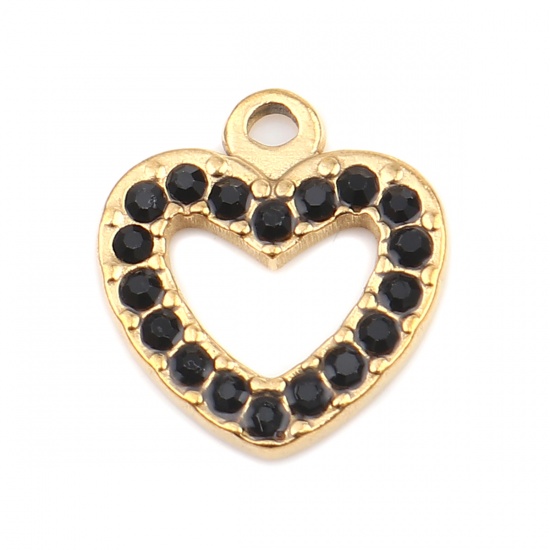Picture of 304 Stainless Steel Charms Heart Gold Plated Black Rhinestone 15mm x 14mm, 2 PCs