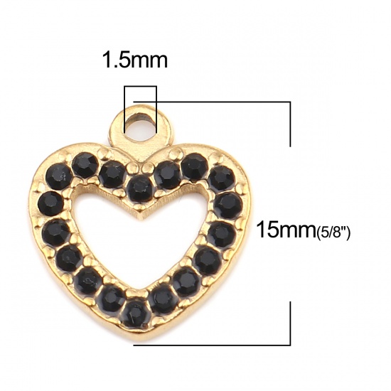 Picture of 304 Stainless Steel Charms Heart Gold Plated Black Rhinestone 15mm x 14mm, 2 PCs