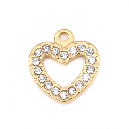 Picture of 304 Stainless Steel Charms Heart Gold Plated Clear Rhinestone 15mm x 14mm, 2 PCs