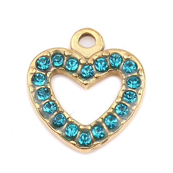 Picture of 304 Stainless Steel Charms Heart Gold Plated Lake Blue Rhinestone 15mm x 14mm, 2 PCs