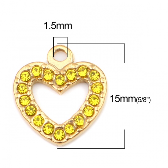 Picture of 304 Stainless Steel Charms Heart Gold Plated Yellow Rhinestone 15mm x 14mm, 2 PCs