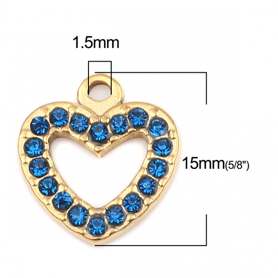 Picture of 304 Stainless Steel Charms Heart Gold Plated Dark Blue Rhinestone 15mm x 14mm, 2 PCs