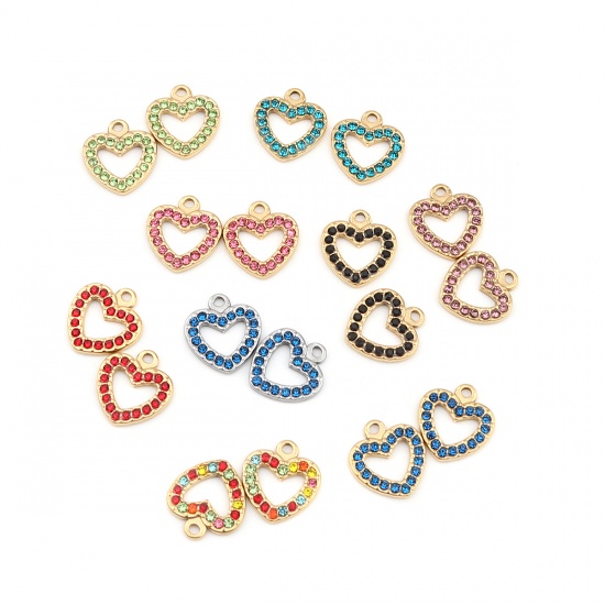 Picture of 304 Stainless Steel Charms Heart Gold Plated Dark Blue Rhinestone 15mm x 14mm, 2 PCs