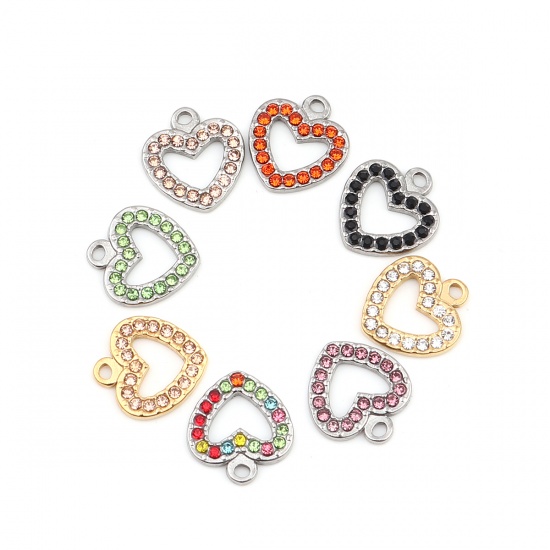 Picture of 304 Stainless Steel Charms Heart Gold Plated Light Orange Rhinestone 15mm x 14mm, 2 PCs