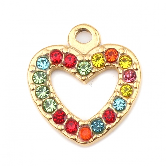 Picture of 304 Stainless Steel Charms Heart Gold Plated Multicolor Rhinestone 15mm x 14mm, 2 PCs