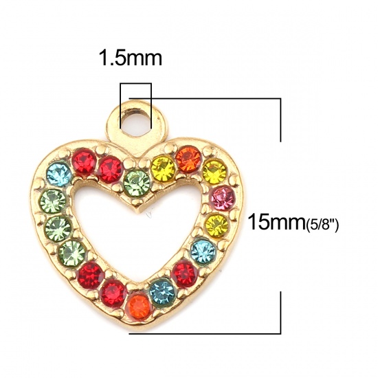 Picture of 304 Stainless Steel Charms Heart Gold Plated Multicolor Rhinestone 15mm x 14mm, 2 PCs