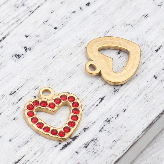Picture of 304 Stainless Steel Charms Heart Gold Plated Red Rhinestone 15mm x 14mm, 2 PCs