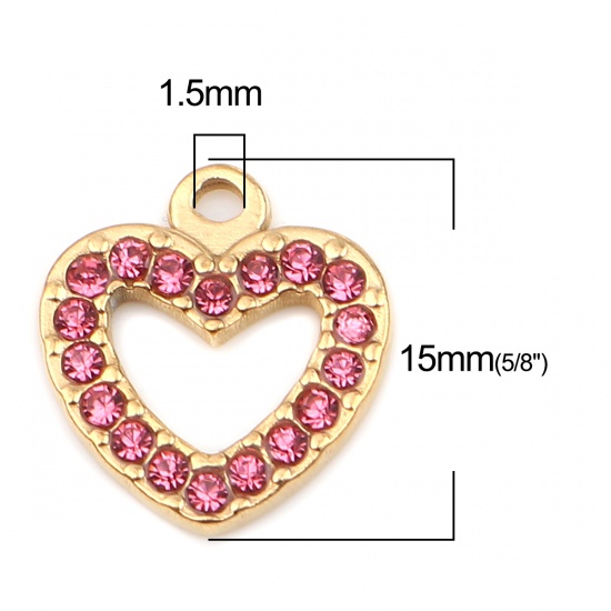 Picture of 304 Stainless Steel Charms Heart Gold Plated Pink Rhinestone 15mm x 14mm, 2 PCs