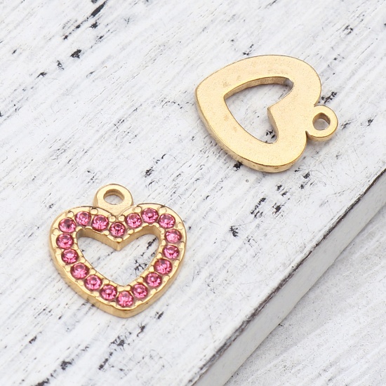 Picture of 304 Stainless Steel Charms Heart Gold Plated Pink Rhinestone 15mm x 14mm, 2 PCs