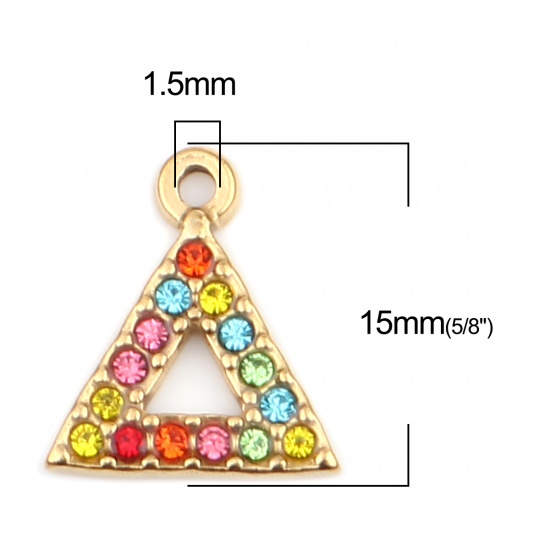 Immagine di 304 Acciaio Inossidabile Charms Triangolo Oro Placcato Multicolore Strass 15mm x 13mm, 2 Pz