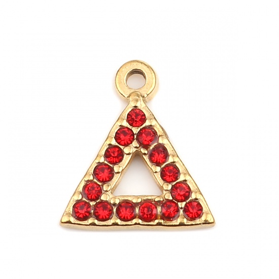 Immagine di 304 Acciaio Inossidabile Charms Triangolo Oro Placcato Rosso Strass 15mm x 13mm, 2 Pz