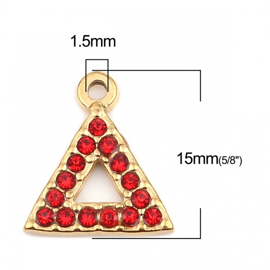 Immagine di 304 Acciaio Inossidabile Charms Triangolo Oro Placcato Rosso Strass 15mm x 13mm, 2 Pz