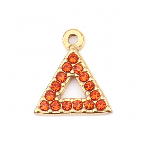 Immagine di 304 Acciaio Inossidabile Charms Triangolo Oro Placcato Arancione-Rosso Strass 15mm x 13mm, 2 Pz