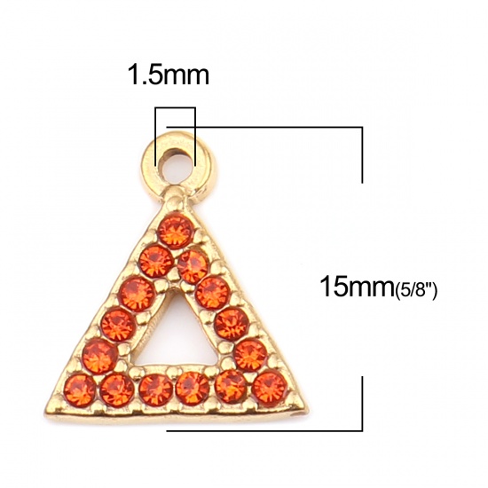 Immagine di 304 Acciaio Inossidabile Charms Triangolo Oro Placcato Arancione-Rosso Strass 15mm x 13mm, 2 Pz