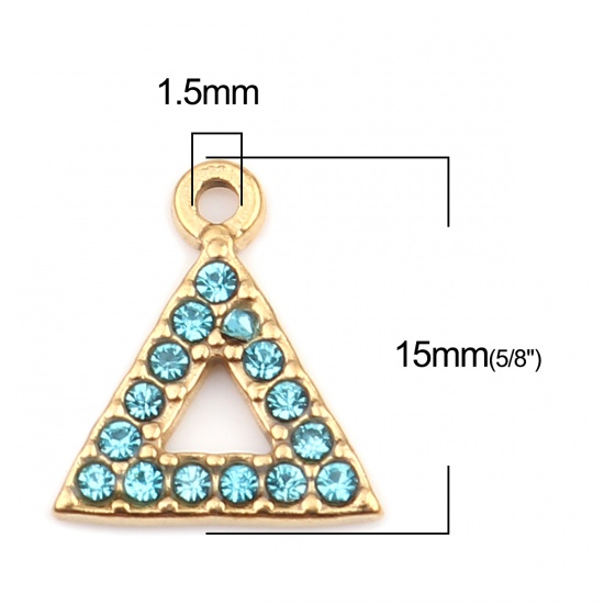 Picture of 304 Stainless Steel Charms Triangle Gold Plated Light Blue Rhinestone 15mm x 13mm, 2 PCs
