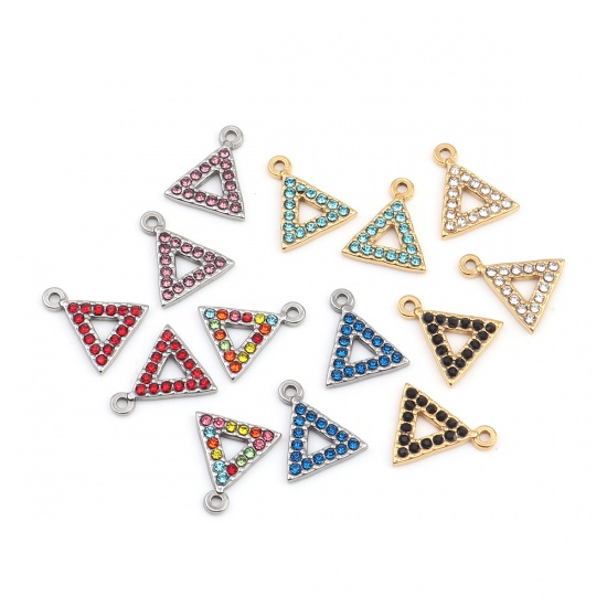Picture of 304 Stainless Steel Charms Triangle Gold Plated Light Blue Rhinestone 15mm x 13mm, 2 PCs