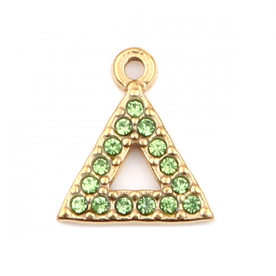 Immagine di 304 Acciaio Inossidabile Charms Triangolo Oro Placcato Verde Strass 15mm x 13mm, 2 Pz