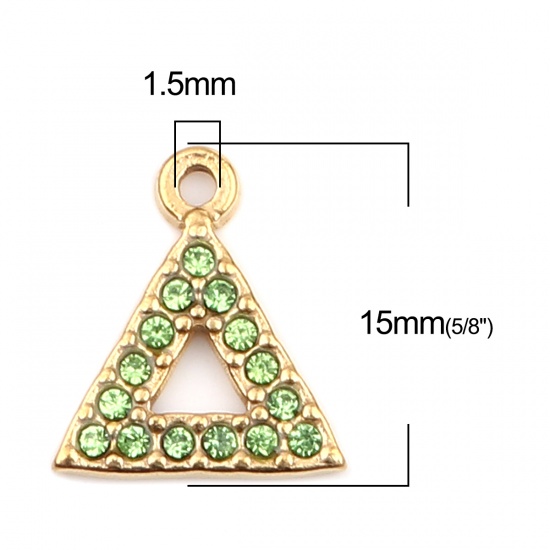 Immagine di 304 Acciaio Inossidabile Charms Triangolo Oro Placcato Verde Strass 15mm x 13mm, 2 Pz