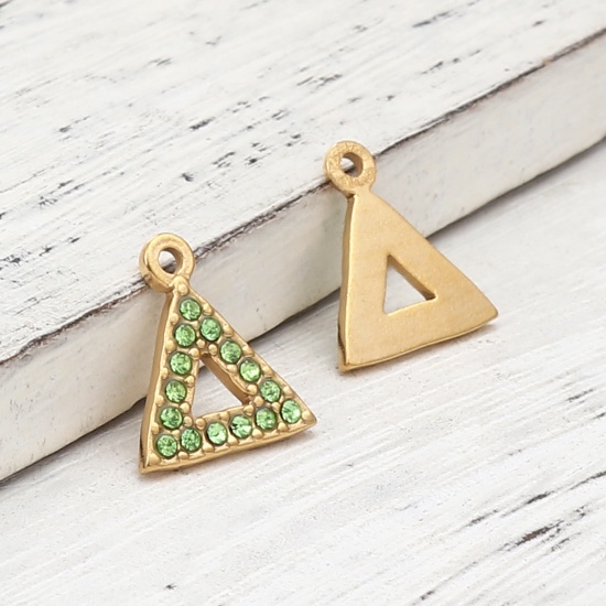 Picture of 304 Stainless Steel Charms Triangle Gold Plated Green Rhinestone 15mm x 13mm, 2 PCs