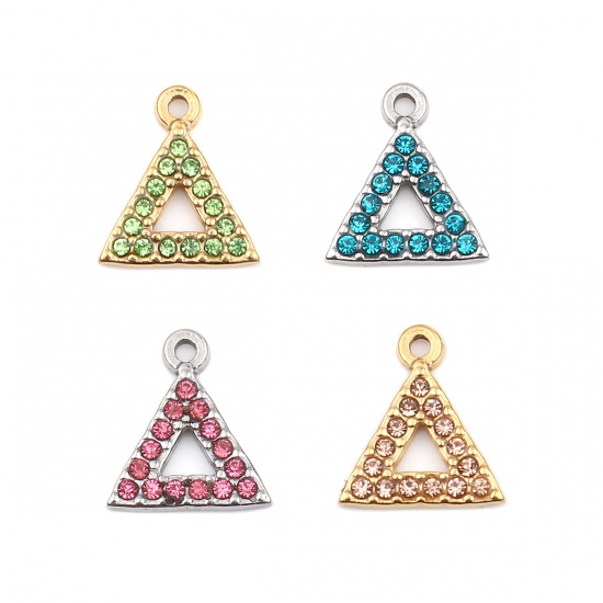 Picture of 304 Stainless Steel Charms Triangle Gold Plated Green Rhinestone 15mm x 13mm, 2 PCs