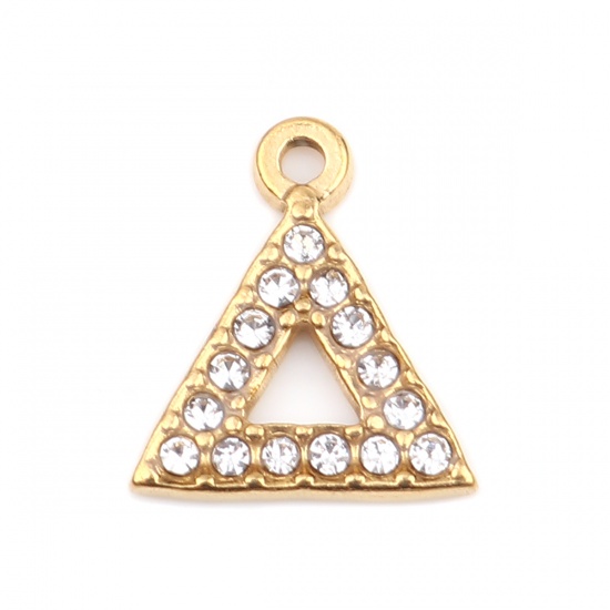 Picture of 304 Stainless Steel Charms Triangle Gold Plated Clear Rhinestone 15mm x 13mm, 2 PCs