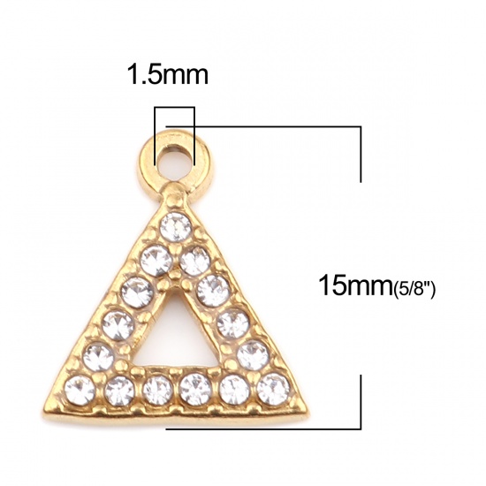 Immagine di 304 Acciaio Inossidabile Charms Triangolo Oro Placcato Trasparente Strass 15mm x 13mm, 2 Pz