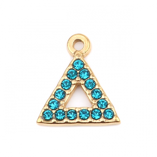 Picture of 304 Stainless Steel Charms Triangle Gold Plated Lake Blue Rhinestone 15mm x 13mm, 2 PCs