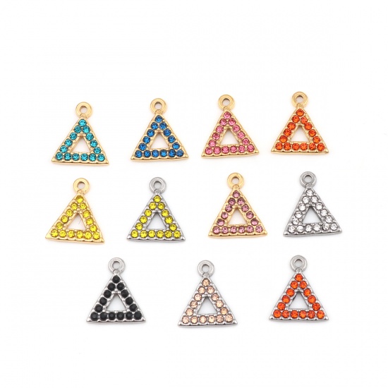 Picture of 304 Stainless Steel Charms Triangle Gold Plated Lake Blue Rhinestone 15mm x 13mm, 2 PCs