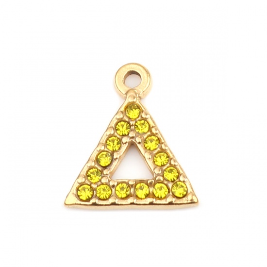 Picture of 304 Stainless Steel Charms Triangle Gold Plated Yellow Rhinestone 15mm x 13mm, 2 PCs
