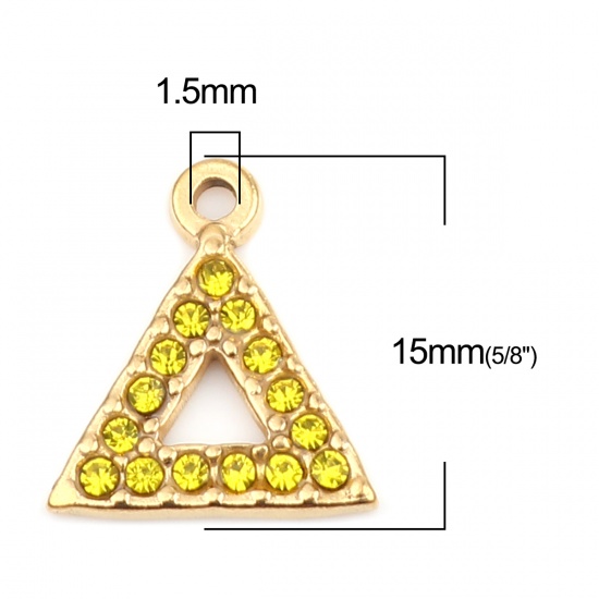 Immagine di 304 Acciaio Inossidabile Charms Triangolo Oro Placcato Giallo Strass 15mm x 13mm, 2 Pz