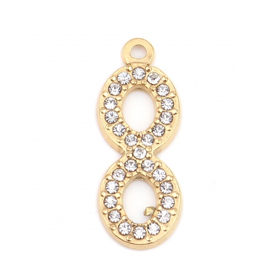 Immagine di 304 Acciaio Inossidabile Charms Simbolo di Infinito Oro Placcato Trasparente Strass 26mm x 10mm, 2 Pz